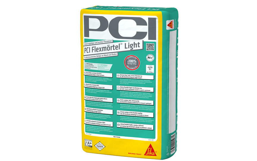Innovative tile adhesive PCI Flexmörtel Light covers twice the ground