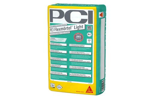 Innovative tile adhesive PCI Flexmörtel Light covers twice the ground